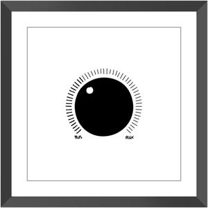 May include: Monochrome art print showing a black volume knob design. The knob has a white dot and is surrounded by lines. The words "min" and "max" are written below the knob in a minimalist style.
