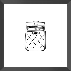 May include: Black and white line drawing of a vintage amplifier. The amplifier has a speaker cabinet with a diamond pattern and a separate head unit. The head unit has several knobs and a logo.