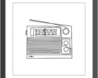 Framed Vintage Radio Minimalist Print | Retro Line Art | 3 Sizes & Colors | Nostalgic Wall Decor