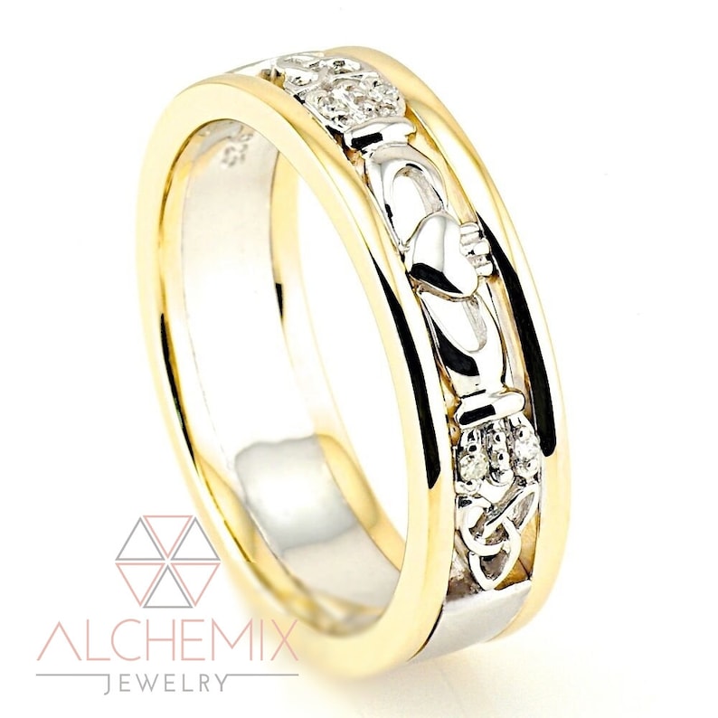 Alchemix 10K Yellow Gold /& Silver Two Tone Diamond Men Women Heavy Celtic Claddagh Wedding Cocktail Fashion Dress Ring Full US Size 4-11