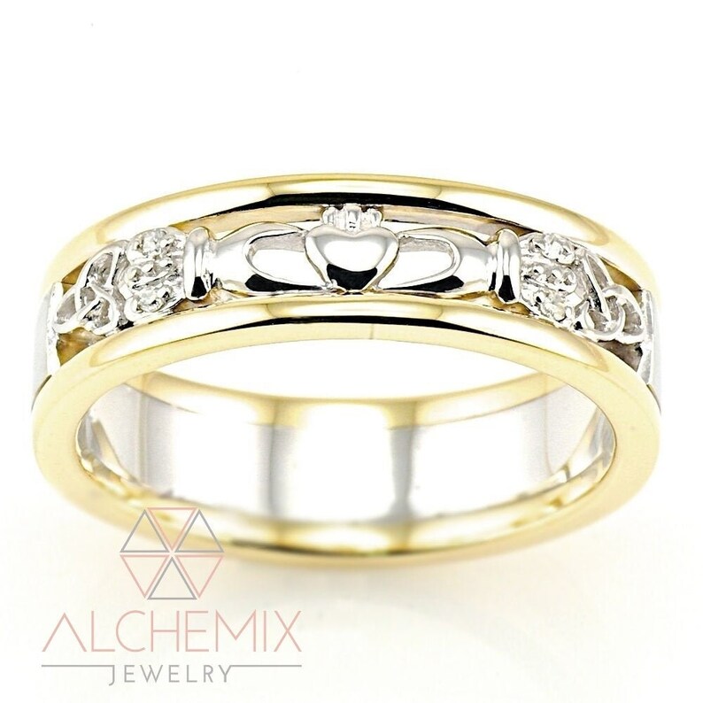 Alchemix 10K Yellow Gold /& Silver Two Tone Diamond Men Women Heavy Celtic Claddagh Wedding Cocktail Fashion Dress Ring Full US Size 4-11