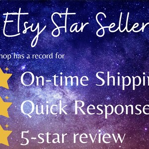 May include: A graphic with a starry night sky background and the text "Etsy Star Seller" in white cursive font. The text "my shop has a record for" is below the title. Three gold stars with white outlines are displayed with the text "On-time Shipping", "Quick Response", and "5-star review" below each star.