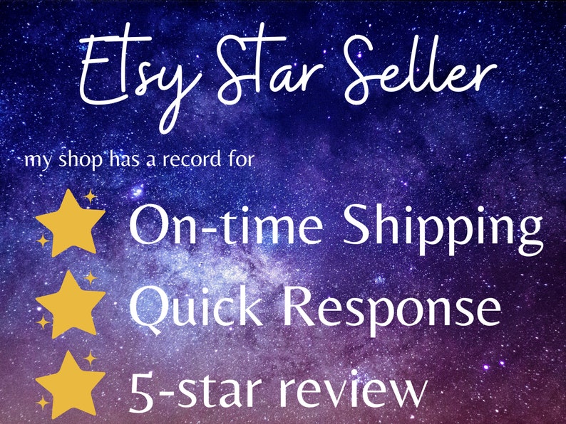 May include: A graphic with a starry night sky background and the text "Etsy Star Seller" in white cursive font. The text "my shop has a record for" is below the title. Three gold stars with white outlines are displayed with the text "On-time Shipping", "Quick Response", and "5-star review" below each star.