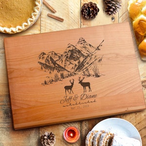 Personalized Engraved Custom Cutting Board Mountain Scene with Elk Art Kitchen Engagement Gift| Kitchen Gift| Housewarming Gift| Family Gift