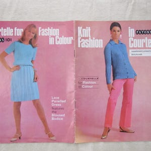 May include: Two women modelling knitted garments from Patons 101 Courtelle for Fashion in Colour. The woman on the left is wearing a light blue dress with a lace panelled bodice. The woman on the right is wearing a light blue cardigan and pink trousers.