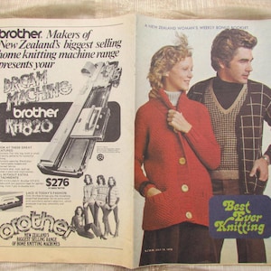 May include: A vintage magazine spread with a Brother knitting machine advert and a fashion feature. The advert displays a knitting machine with the text "DREAM MACHINE brother KH820". The fashion spread shows a woman in a red cardigan and a man in a sweater.