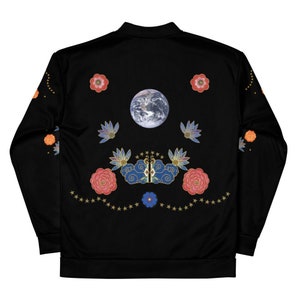 Unisex Bomber Jacket - comfortable - black - Let&#39;s All Be Friends - Original Design by Hoshi Hana Art Love Friend - Peace & Love clothes