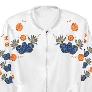 Unisex Bomber Jacket - comfortable - white - Let&#39;s All Be Friends - Original Design by Hoshi Hana Art Love Friend - Peace & Love clothes