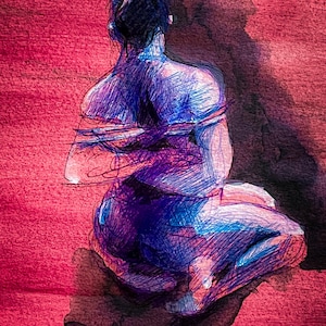 Original Mixed Media Figure Drawing – Ink & Acrylic Female Study, Symbolic Rope Art, Contemporary Alternative Decor