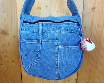 SAC EN JEANS Sacs en jean faits à la main en jeans recyclés avec des décorations et un porte-clés en forme de hibou en coton