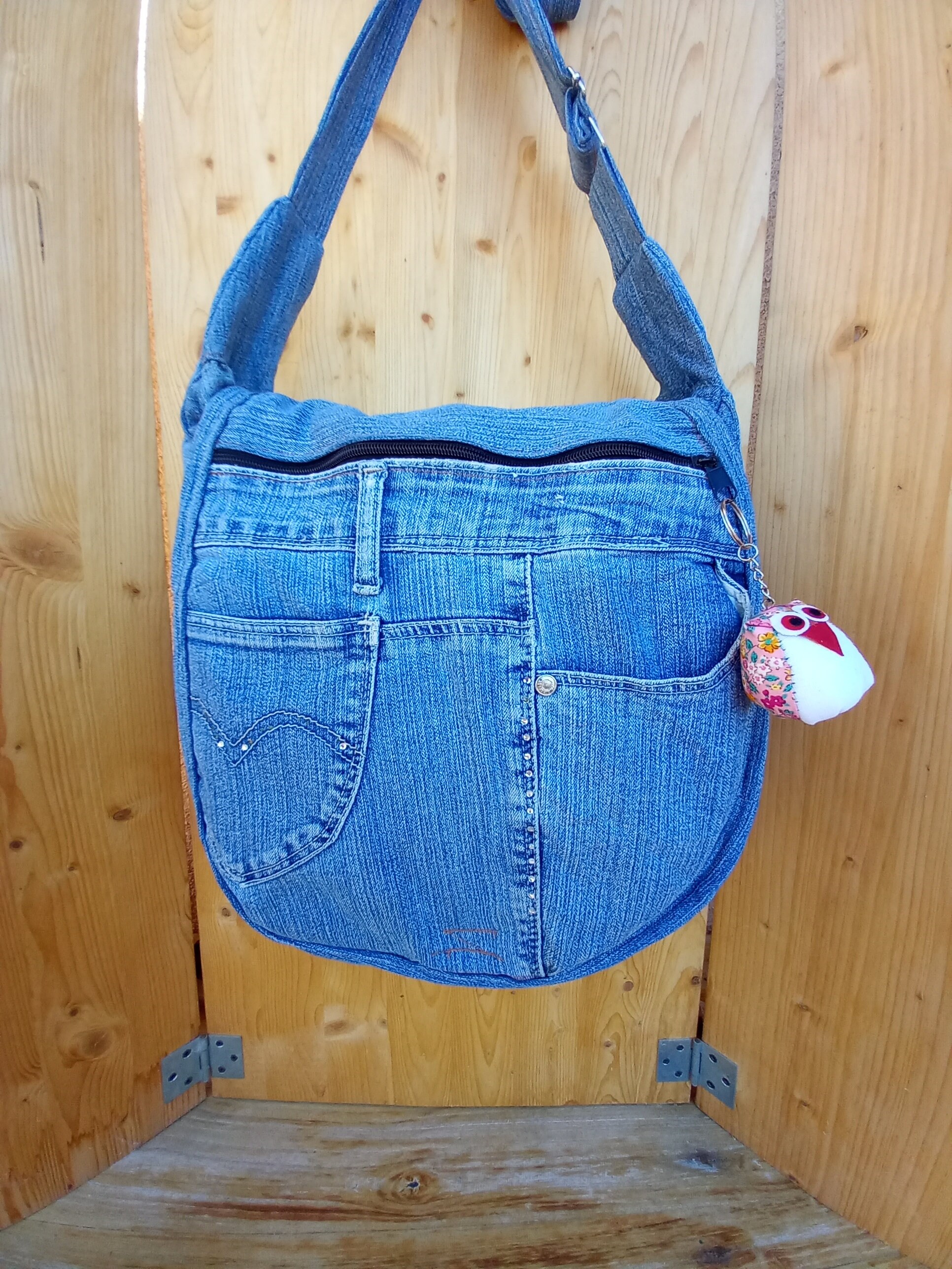 Handmade Cotton Jeans Bag with Owl Shaped Key Holder