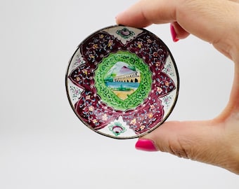 Antique Persian hand painted miniature plate, enamel on copper collectible Persian miniature bowl