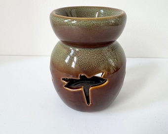 Pottery tealight holder, ceramic dragonfly oil burner
