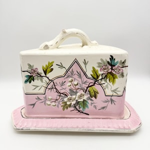 Antique cheese dish, large pink floral cheese dish