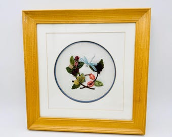 Small framed stumpwork embroidery, nature 3D embroidery, wall decor