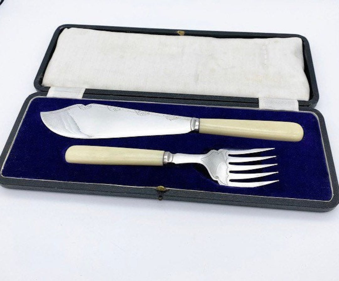 Antique Silver Plated Fish Serving Fork and Knife Set Boxed Etsy Hong