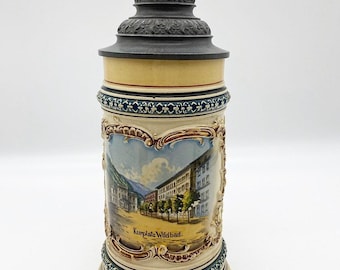 Vintage German beer tankard ceramic with pewter lid Kurplatz Wildbad 1.4L