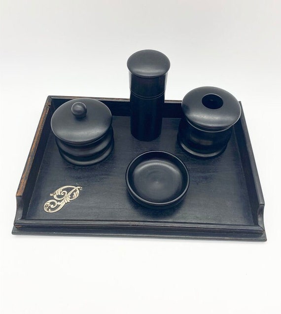 Antique ebony dressing table vanity set with initial P