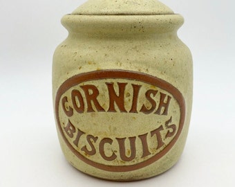 Vintage Cornish stoneware biscuit jar with lid, rustic farmhouse kitchen canister, collectable pottery storage