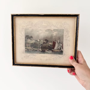 Framed antique engraving Gillingham, Kent, antique English landscape print
