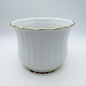 Könnte beinhalten: Weißer Keramik-Blumentopf mit gewelltem Rand und goldenem Zierrat. Der Topf hat eine ausgestellte Form und ein goldenes Band am Boden. Geeignet für den Innen- und Außenbereich, ist er ein dekoratives Element.