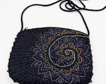 Vintage black beaded shoulder bag, beaded evening bag