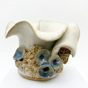 Vintage studio pottery candle holder, floral grey blue candlestick