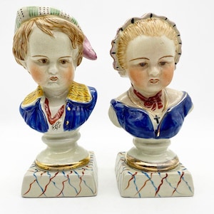 Antique Staffordshire pair of children busts, boy and girl figurines, mantlepiece decor, antique statues
