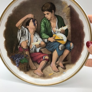 Staffordshire transferware decorative plate children eating fruit