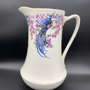 Large antique Victorian bath wash water jug, painted ceramic water wash jug, bathtoom decor