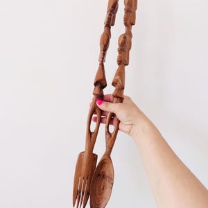African hand carved wooden serving utensils, long salad serving spoons