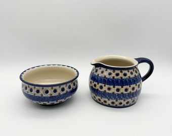 German pottery milk jug and sugar bowl, blue pottery creamer and sugar bowl set
