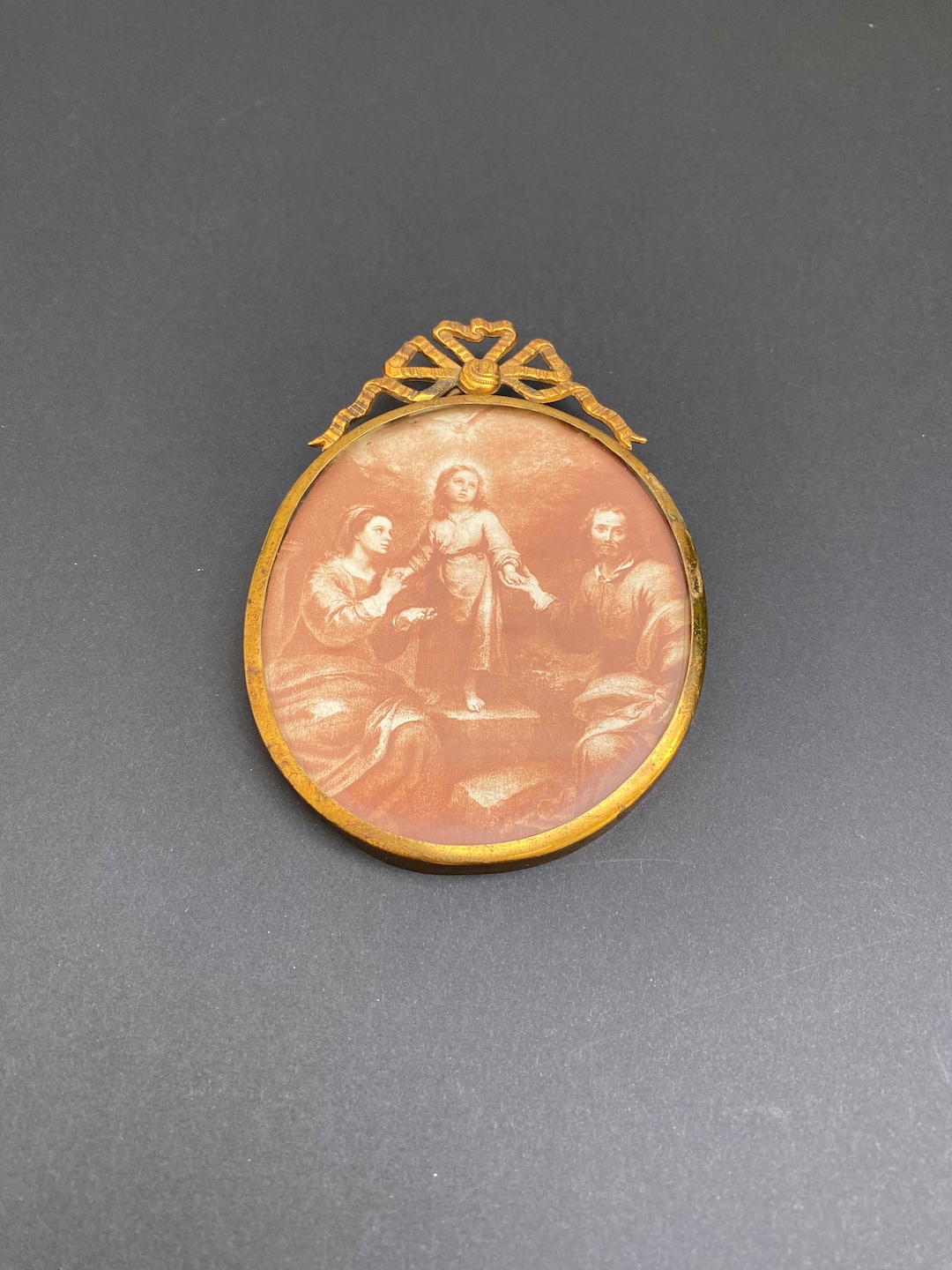 Antique Oval Brass Frame Picture, Holy Family Picture, Antique Bow