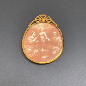 Antique oval brass frame picture, holy family picture, antique bow frame, small brass wall frame