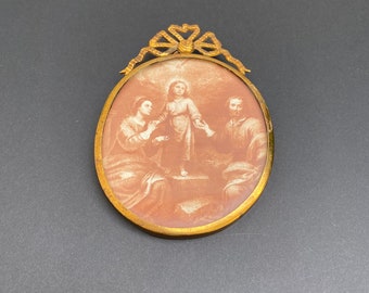 Antique oval brass frame picture, holy family picture, antique bow frame, small brass wall frame
