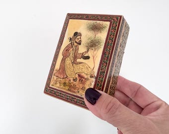 Vintage small wooden hand painted Persian box, small jewellery box, Arabic decor