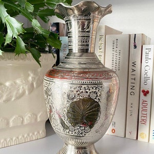 Vintage silver tone metal etched vase Indian peacock birds