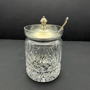 Cut Crystal Marmeladenglas, versilberter Deckel und Löffel, Vintage Konserventopf