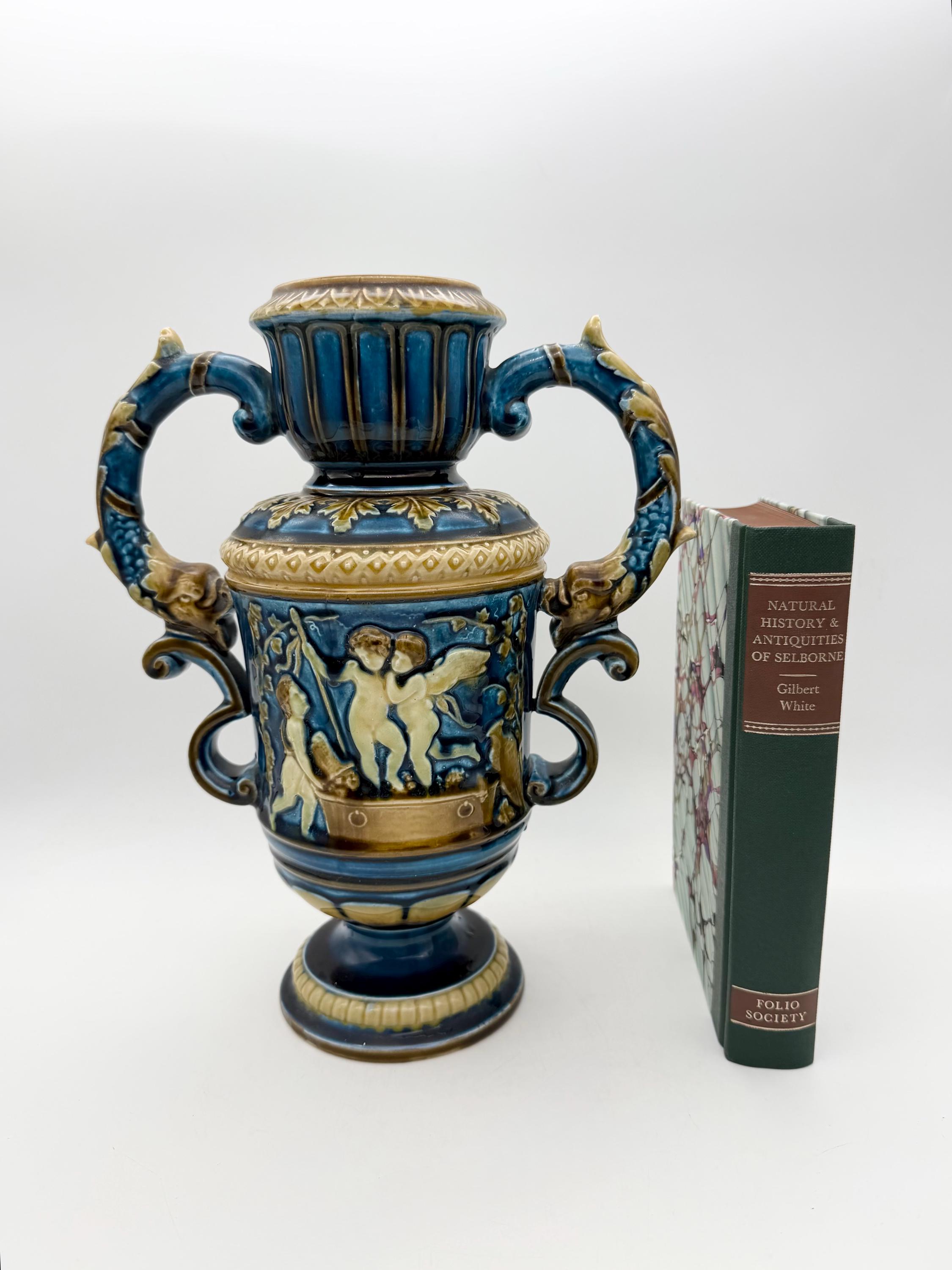 Antique Continental Majolica Vase, Schutz Blansko Cherub Putti