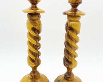 Pair of vintage wooden barley twist candle holders, rustic farmhouse taper candlesticks, antique style home decor
