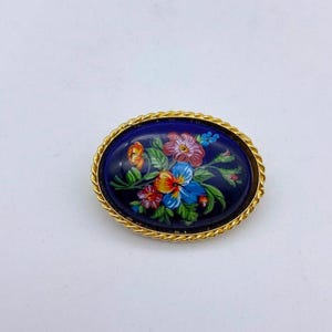 Vintage oval ceramic brooch, blue ceramic  brooch