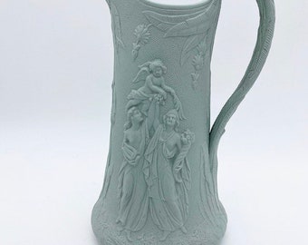 Antique Victorian Thomas Till & Son jug,  antique relief pitcher, green decorative jug