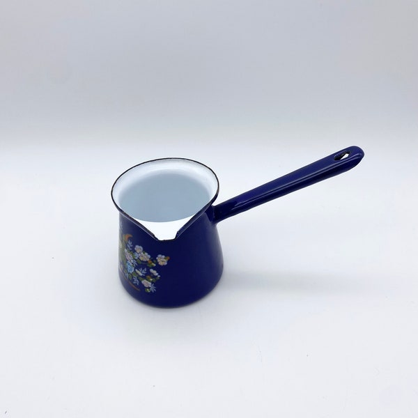 Vintage enamel milk pan, blue milk pan