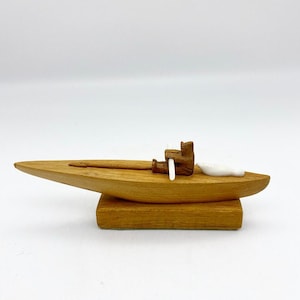 Vintage mid century handmade wooden small Inuit fishing boat figurine miniature