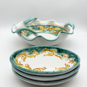 Italian hand painted ceramic bowl set, Mediterranean decor, large bowl with plates