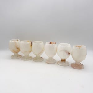 Vintage set of six onyx goblets, white natural onyx goblets