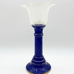 Cobalt blue ceramic & glass floral candle holder, tall tea light holder