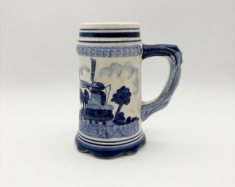 Vintage Delft hand painted beer stein, blue white Dutch ceramic beer mug