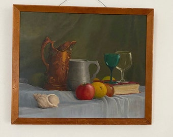 Vintage mid century still life painting, oil on board painting Lindahl Brown Guild of Arts