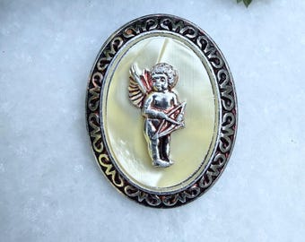 Vintage Cherub Lucite Scarf Clip, 1950s Faux Mother of Pearl Angel Pin